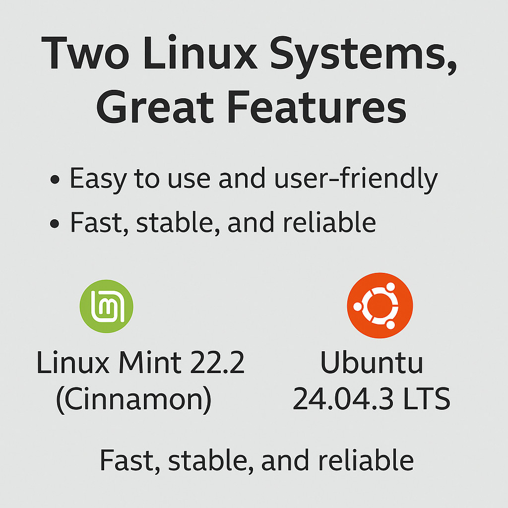 Linux Mint 22.2 Cinnamon + Ubuntu 24.04.3 LTS – Bootable / Live USB / 2-in-1