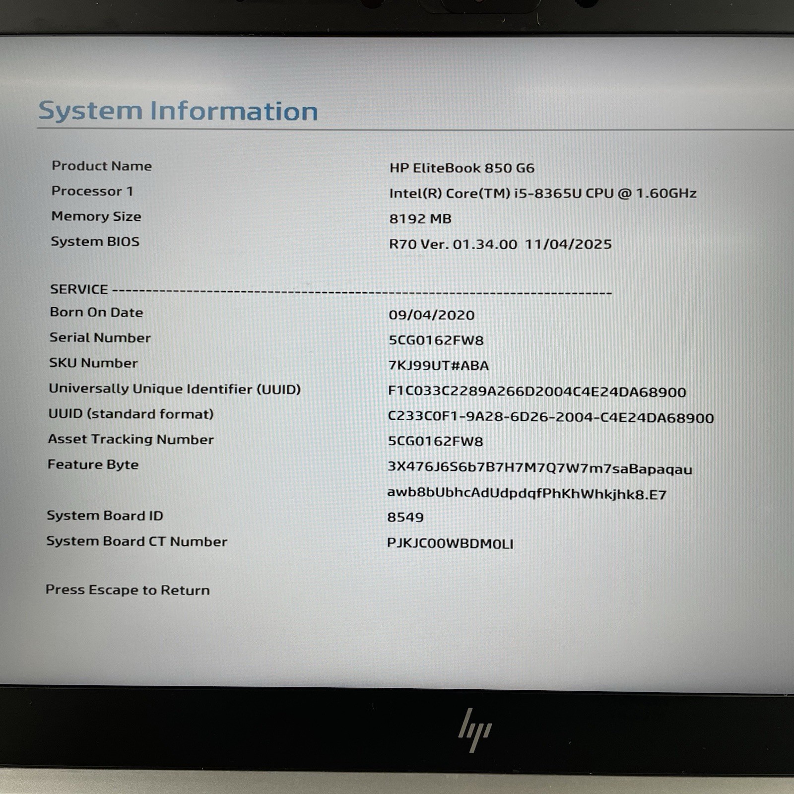 HP EliteBook 850 G6 15.6″ i5-8365U 1.60 GHz 8 GB RAM No SSD/OS/AC/Batt