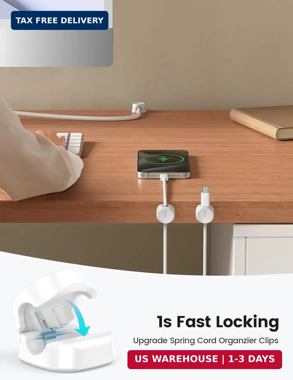 Lamicall 8 Pack Cord Organizer, [1s Lock] Spring Cable Management Clips – Adhesi