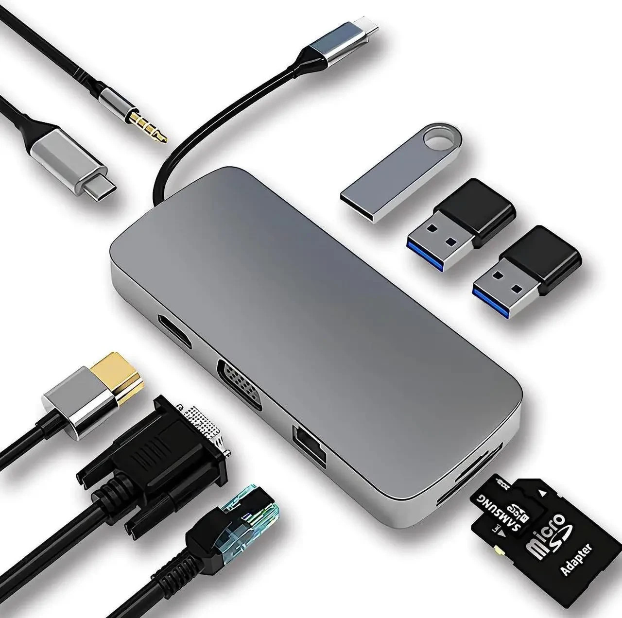10 In 1 Multiport HUB USB-C Adapter HDMI VGA USB 3.0 RJ45 SD TF Card Audio Jack