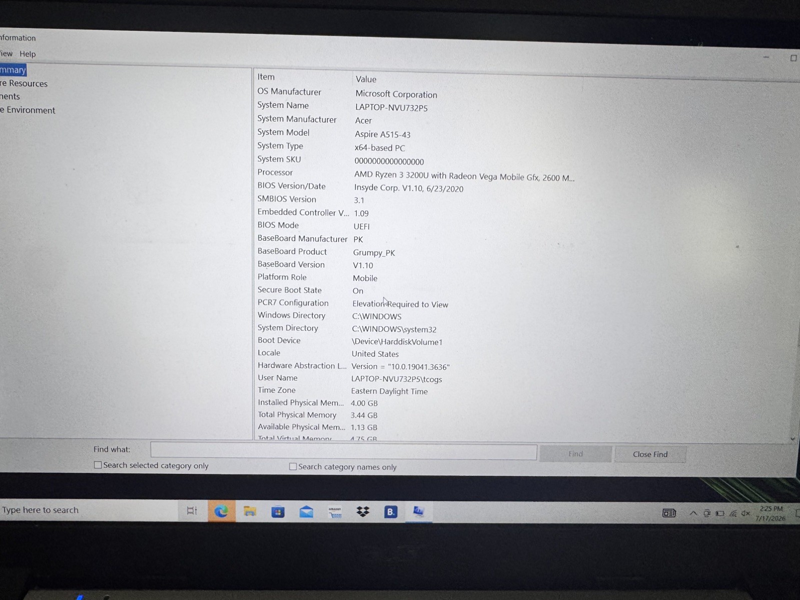 Acer Aspire 5 A515-43 15.6” Ryzen 3 3200U 4GB RAM 128GB SSD Windows 10