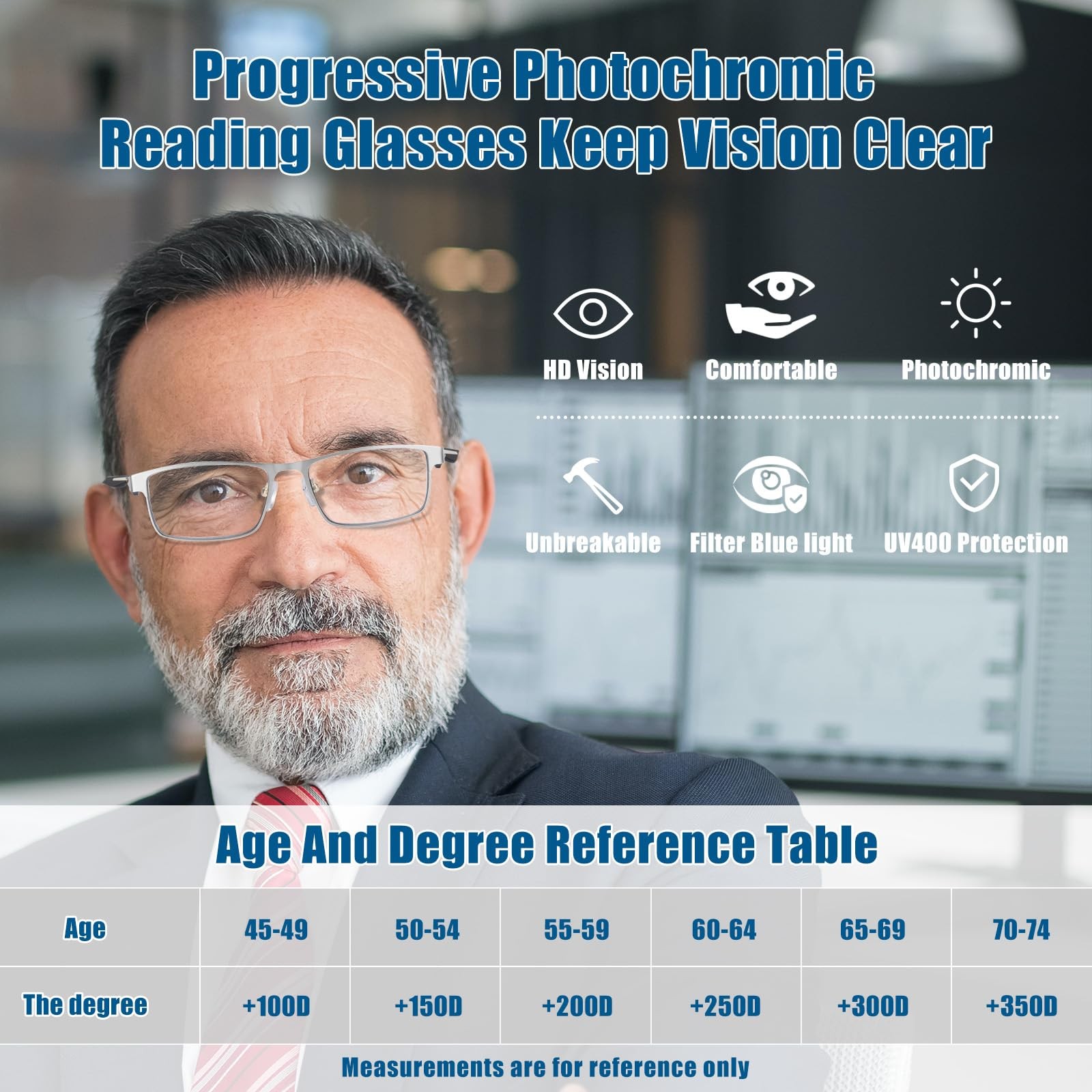 GHDBFMB Photochromic Progressive Reading Glasses Clear Top TR90 Transition Re…