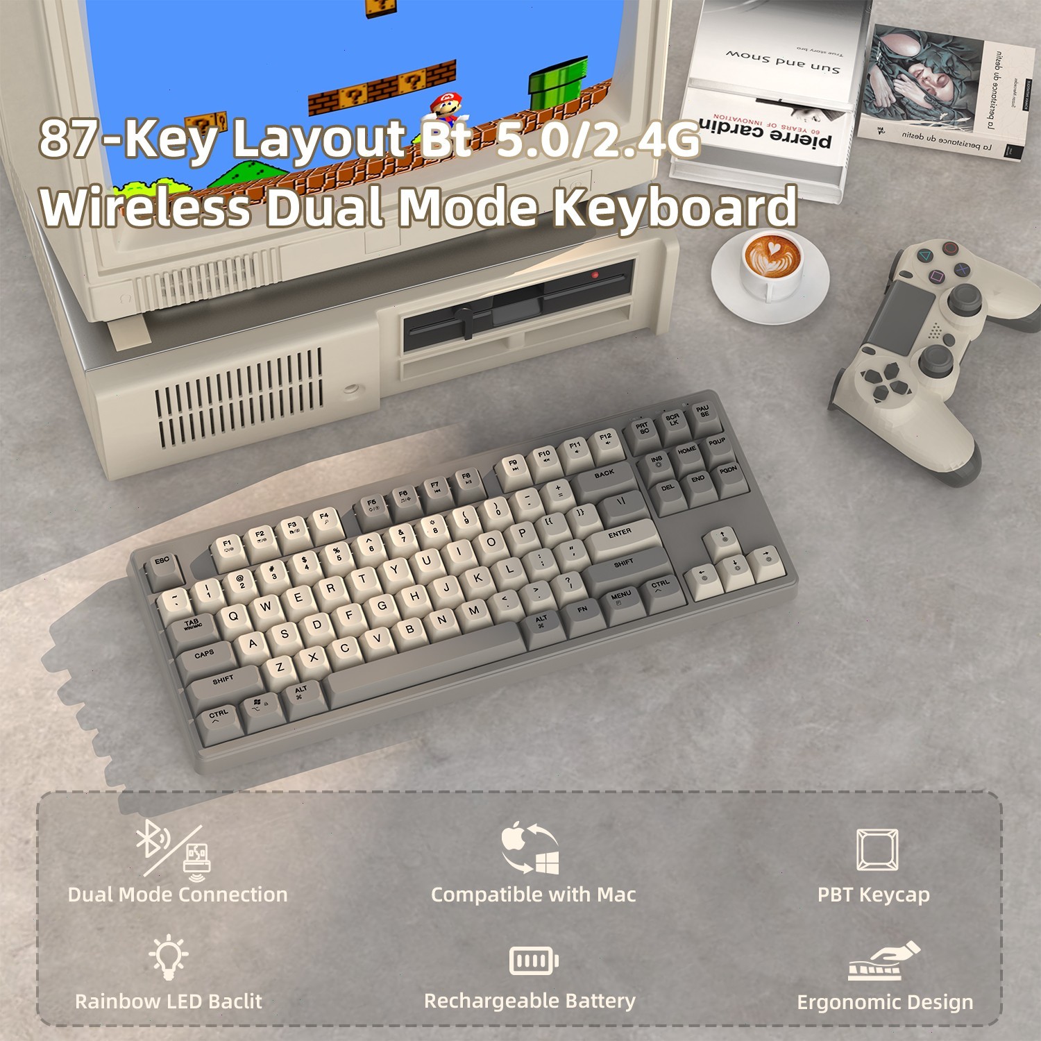 80% TKL Wireless Membrane Gaming Keyboard Dual Mode Silent PBT Keys for PC Mac