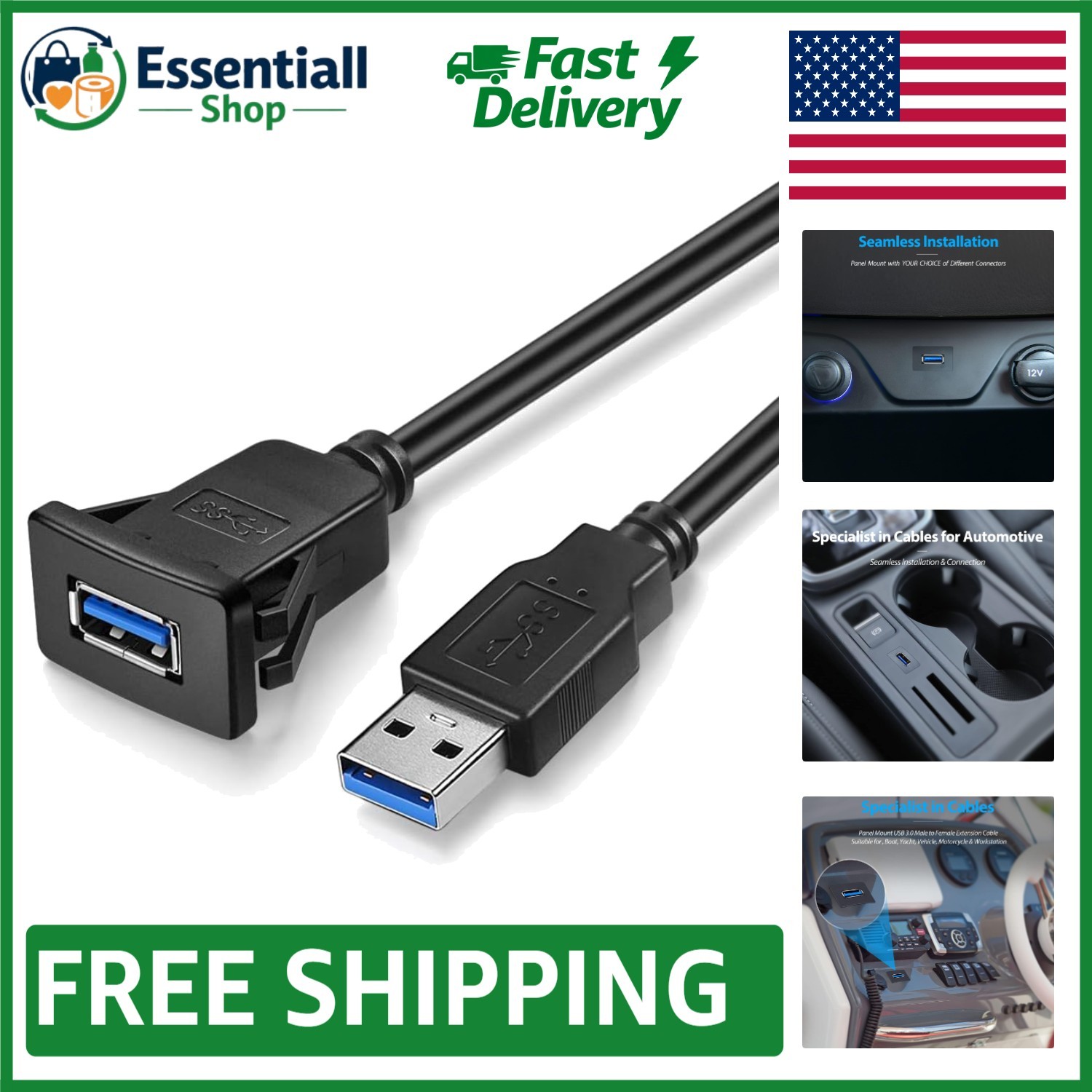 Durable 6 Feet USB 3.0 Flush Mount Cable – Perfect for Cars, Boats, Motorcycles