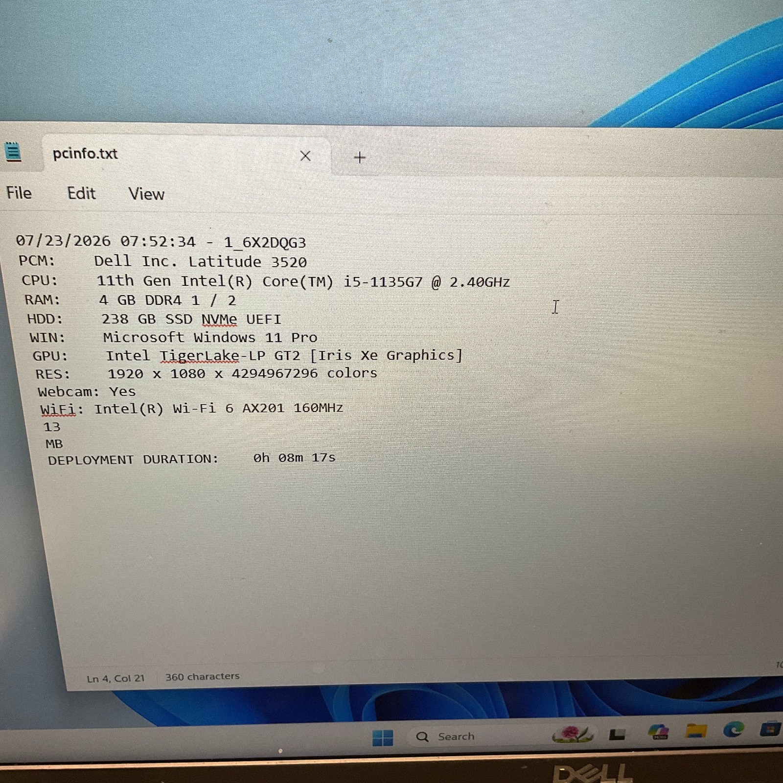 Dell Latitude 3520 Laptop Intel i5-1135G7 4GB RAM 256GB SSD Windows 11 Pro