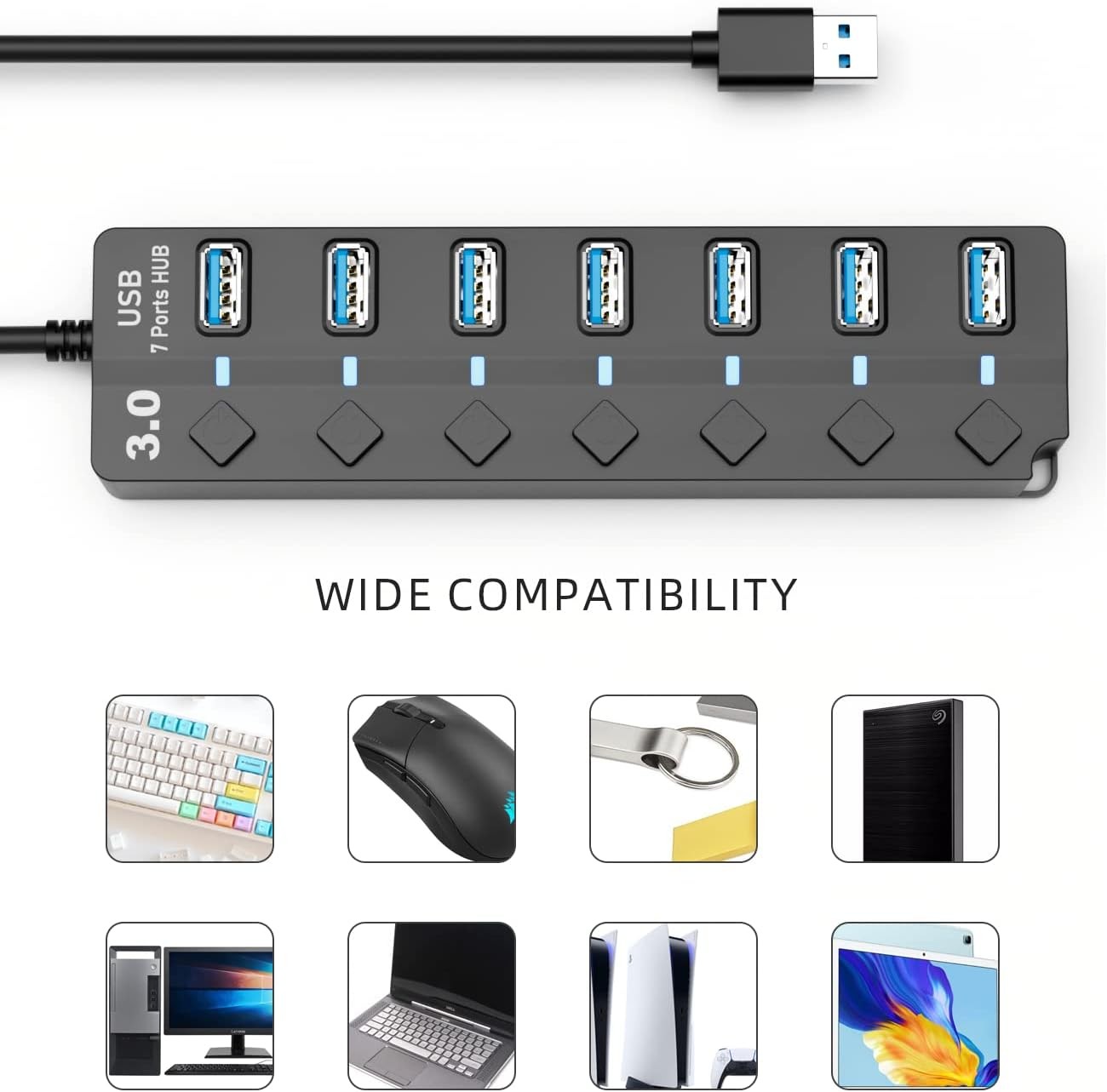 USB 3.0 Hub, PANPEO 7-Port Data Hub Splitter with 3ft Long Cable BLACK