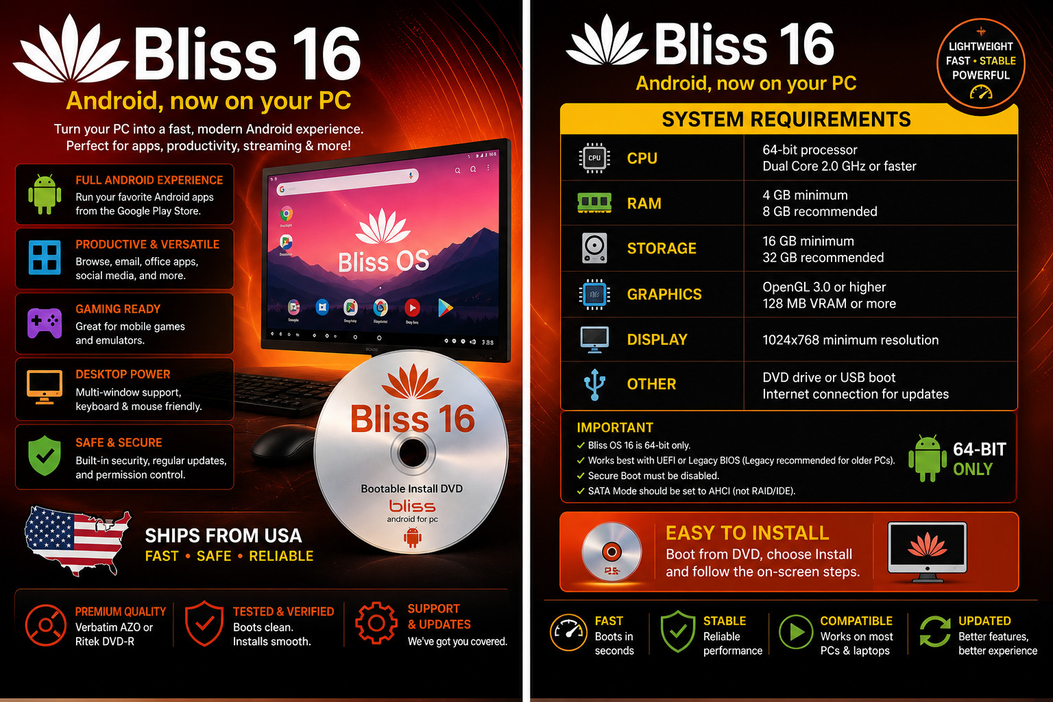 Bliss OS 16 Android 13 for PC Bootable Install DVD 64-Bit Android-x86