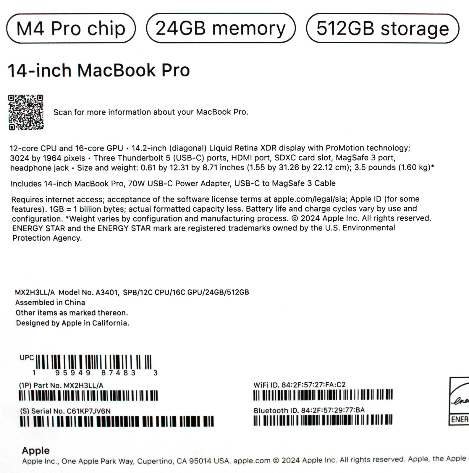 Apple | MX2H3LL/A | A3401 MacBook Pro | 24Gb Memory | 512Gb Storage – Open Box