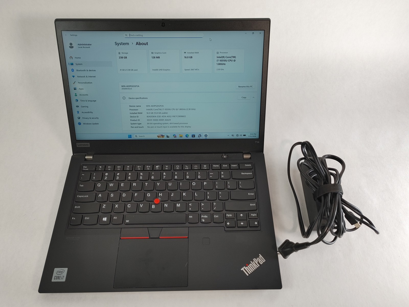 Lenovo ThinkPad T14 Gen 1 Core i7-10510U 1.80 GHz 16 GB DDR4 256 GB M.2 Windows