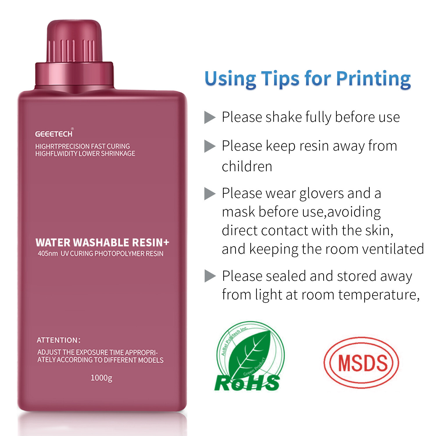 Geeetech Water Washable Resin 405nm UVCuring Resin 1kg Blue for Resin 3D Printer