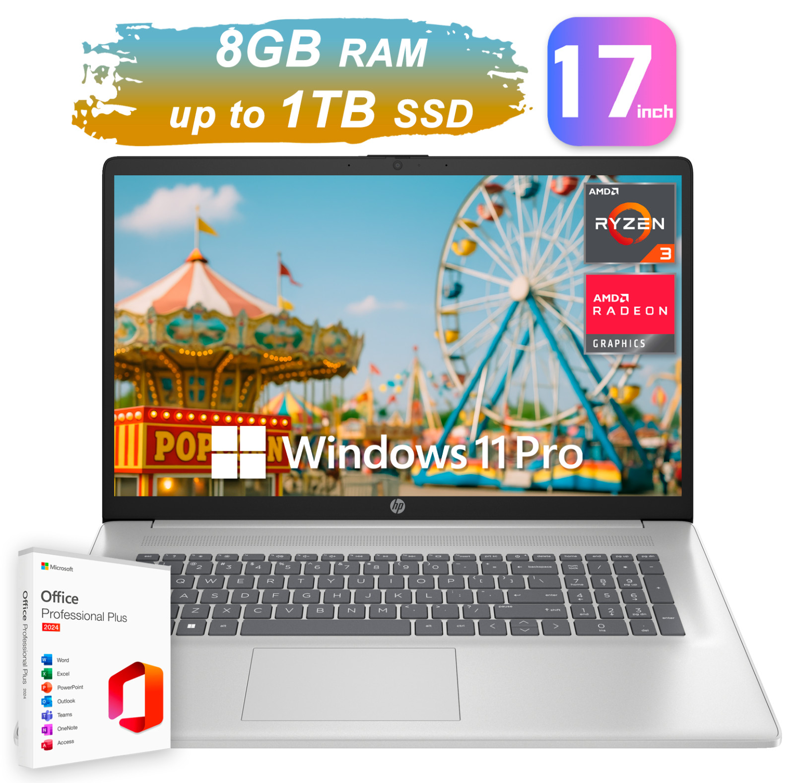 HP Laptop Computer 17.3″ Office 2024 4-Core Ryzen 3 8GB RAM Upto 1TB SSD Win Pro