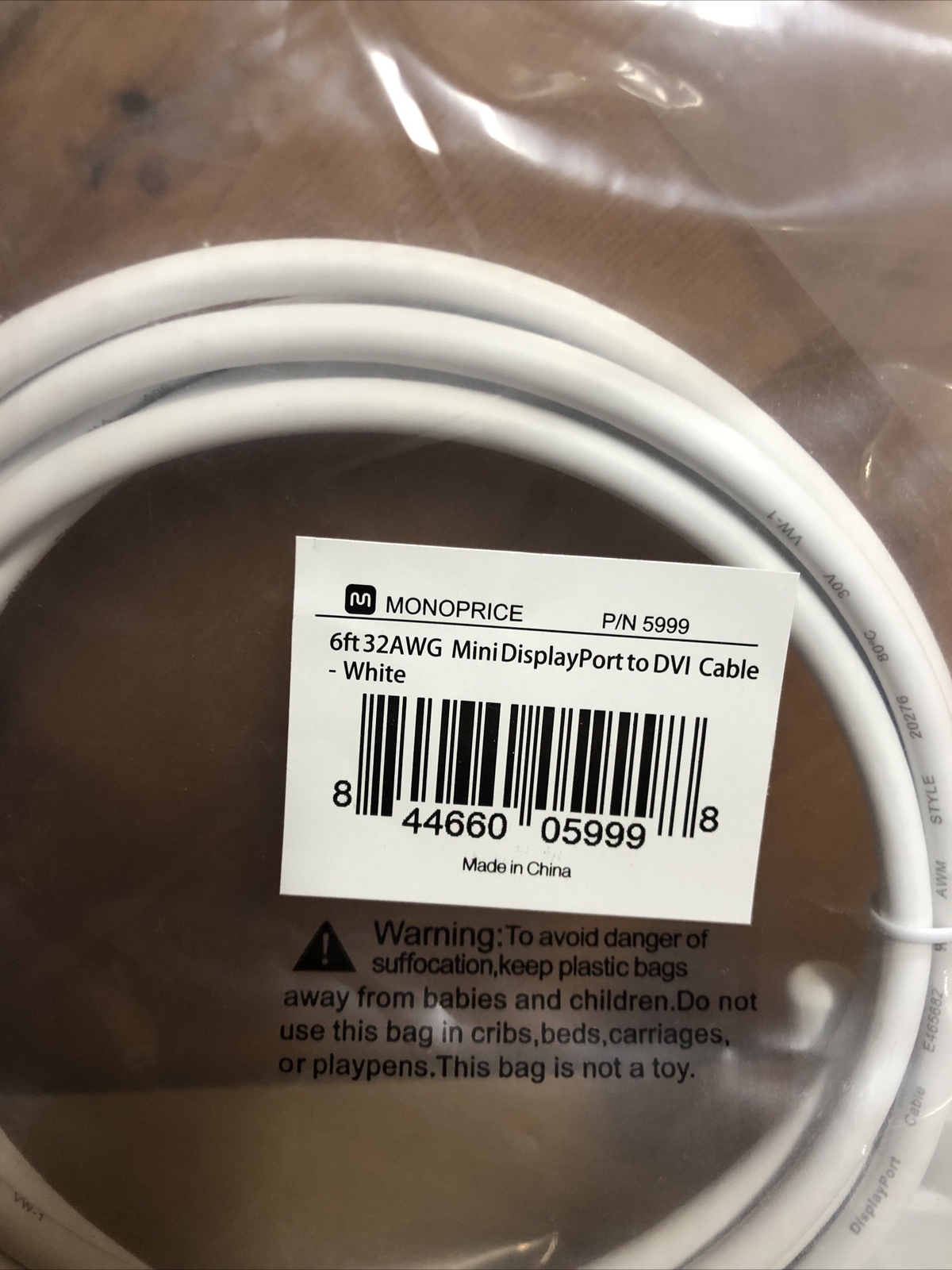 Monoprice 6ft 32AWG Mini DisplayPort to DVI Cable White New