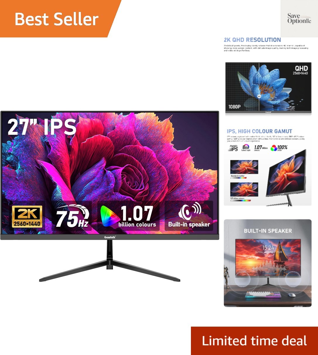 27 inch IPS 2K QHD 2560×1440 Computer Monitor 75Hz Gaming PC Screen, 1ms，Adap…