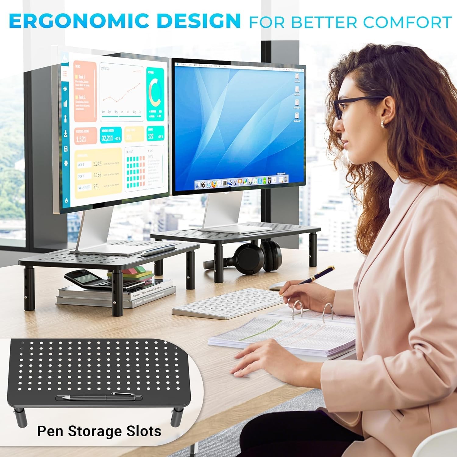 Monitor Stand 2 Pack Height Adjustable Metal Riser with Pen Holder, Black, 14…