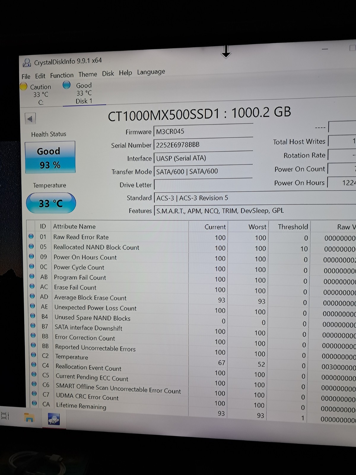 Crucial MX500 1TB 2.5″ SATA III Internal SSD – Tested 100% Functional 93% Health