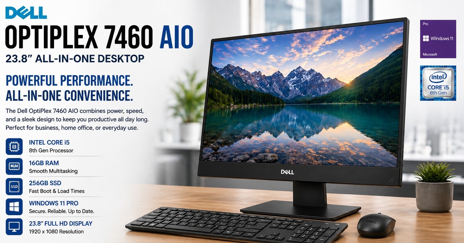 Dell OptiPlex 7460 AlO Intel i5 CPU 16GB Ram 256GB Nvme SSD Win 11 WiFi BT