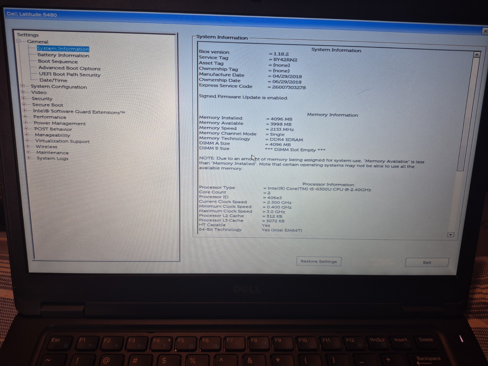 Dell Latitude 5480 Intel i5-6300U @2.40GHz 4GB RAM 14″ No Drive