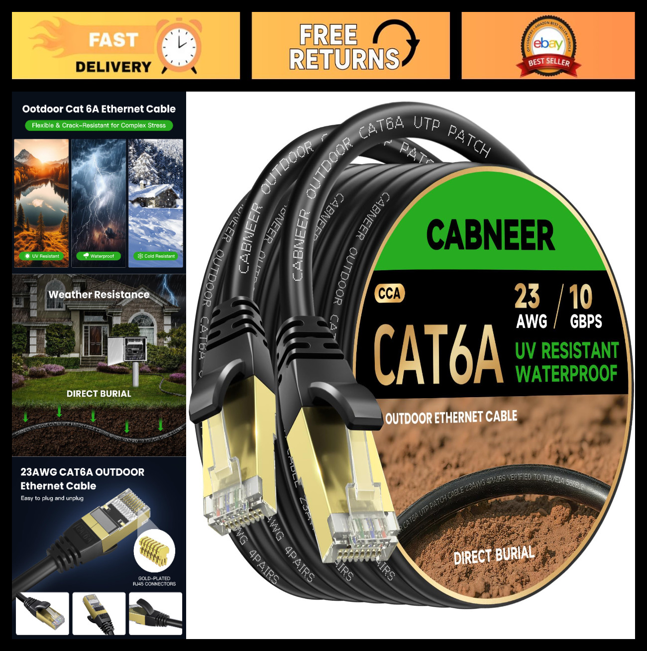 100ft CAT6A Ethernet Cable – 10Gbps High Speed, Weatherproof, Direct Burial, RJ4
