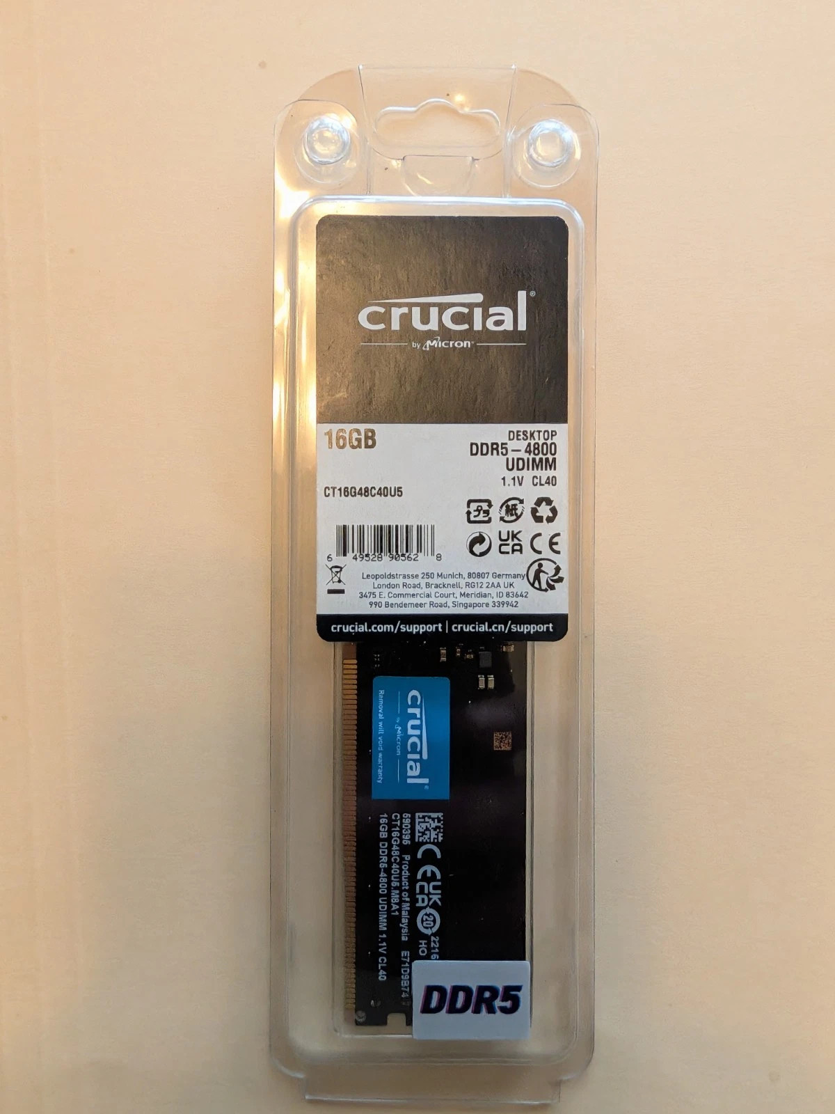 Crucial 16GB (1 x 16GB) PC5-38400 (DDR5-4800) UDIMM Memory (CT16G48C40U5)