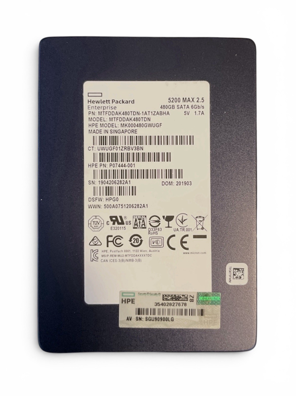 HPE 480GB Micron 5200 MAX SATA 2.5” Enterprise SSD MTFDDAK480TDN