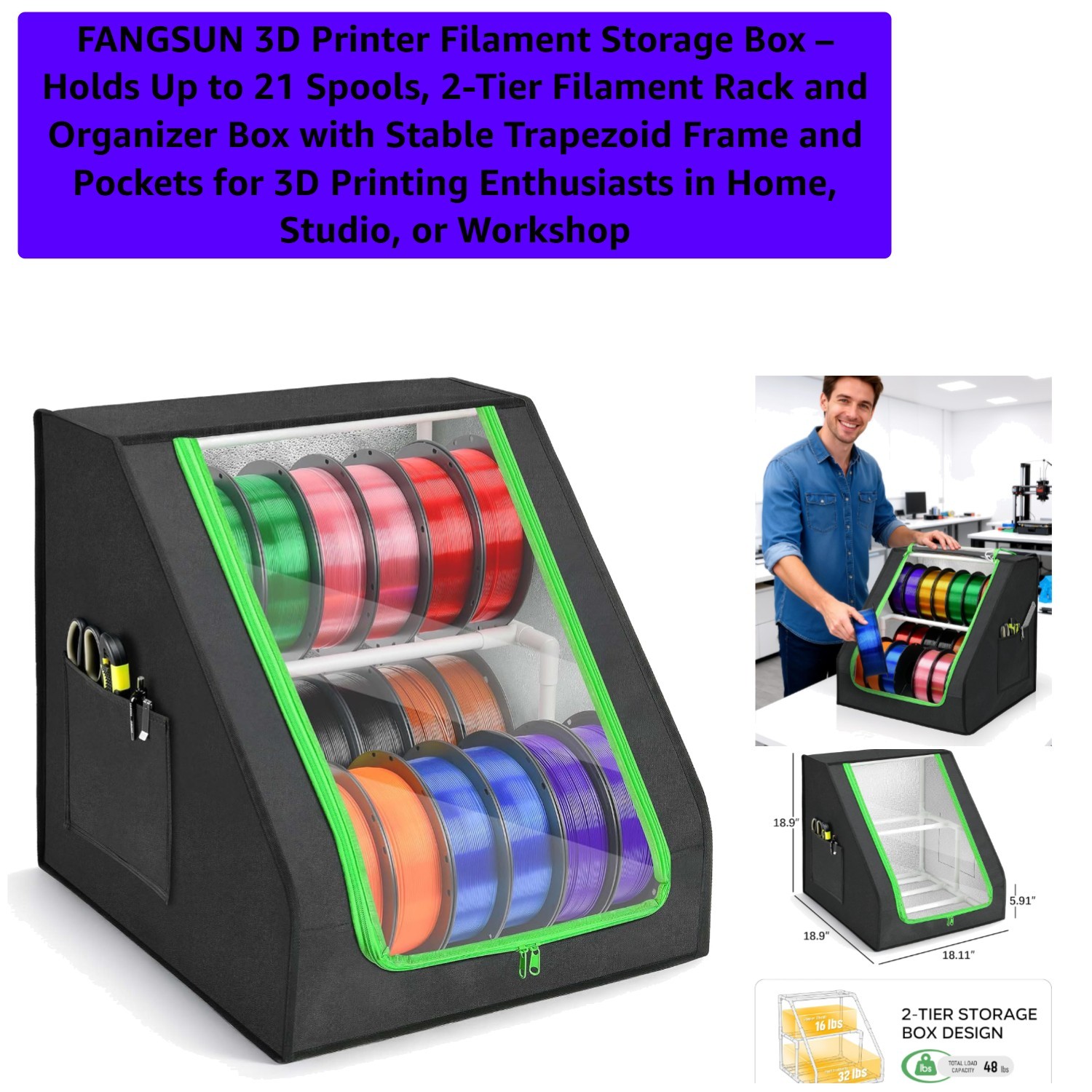 Professional Filament Storage Box for 3D Printers – 21 Spools, Dust Resistant