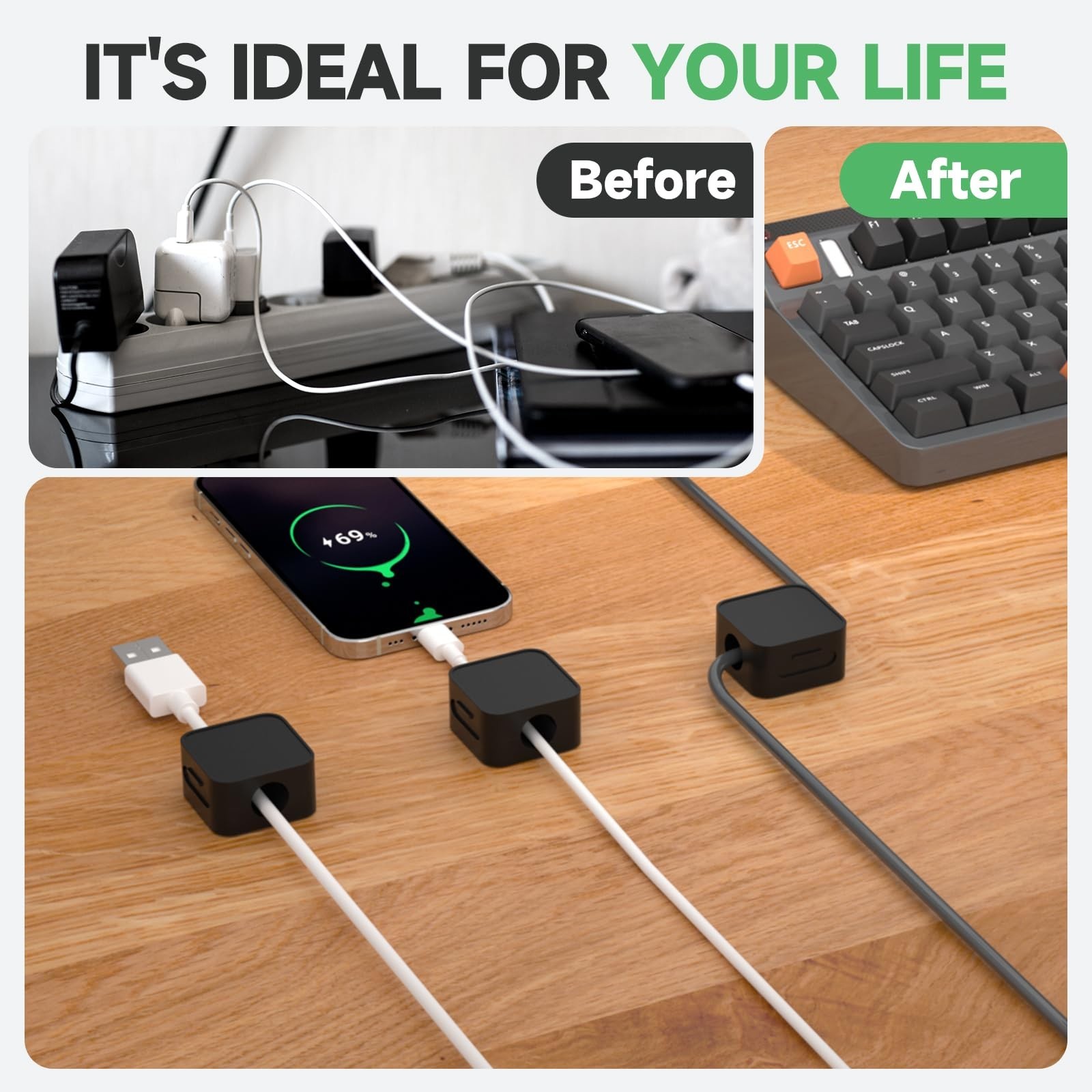 12 Magnetic Cable Clips – Under Desk Cord Management, Adhesive Organizer for Hom