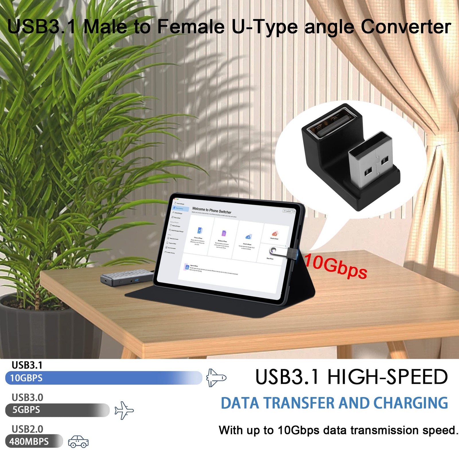 U-Shape Angle USB 3.1 Adapter Converter 10Gbps 180 Degree USB A to Female Cou…