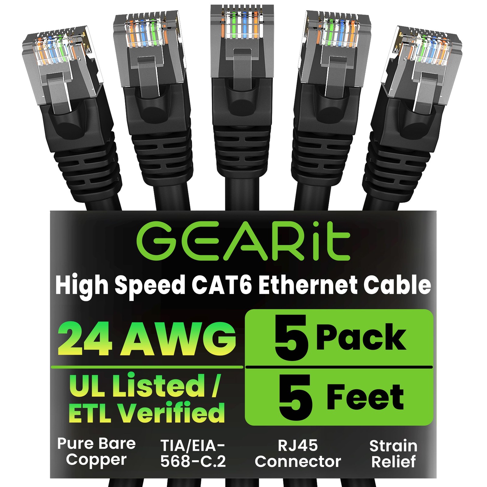 Black Cat 6 Ethernet Cable 5 FT 5 PCS RJ45 LAN Patch 10Gbps Snagless Connector