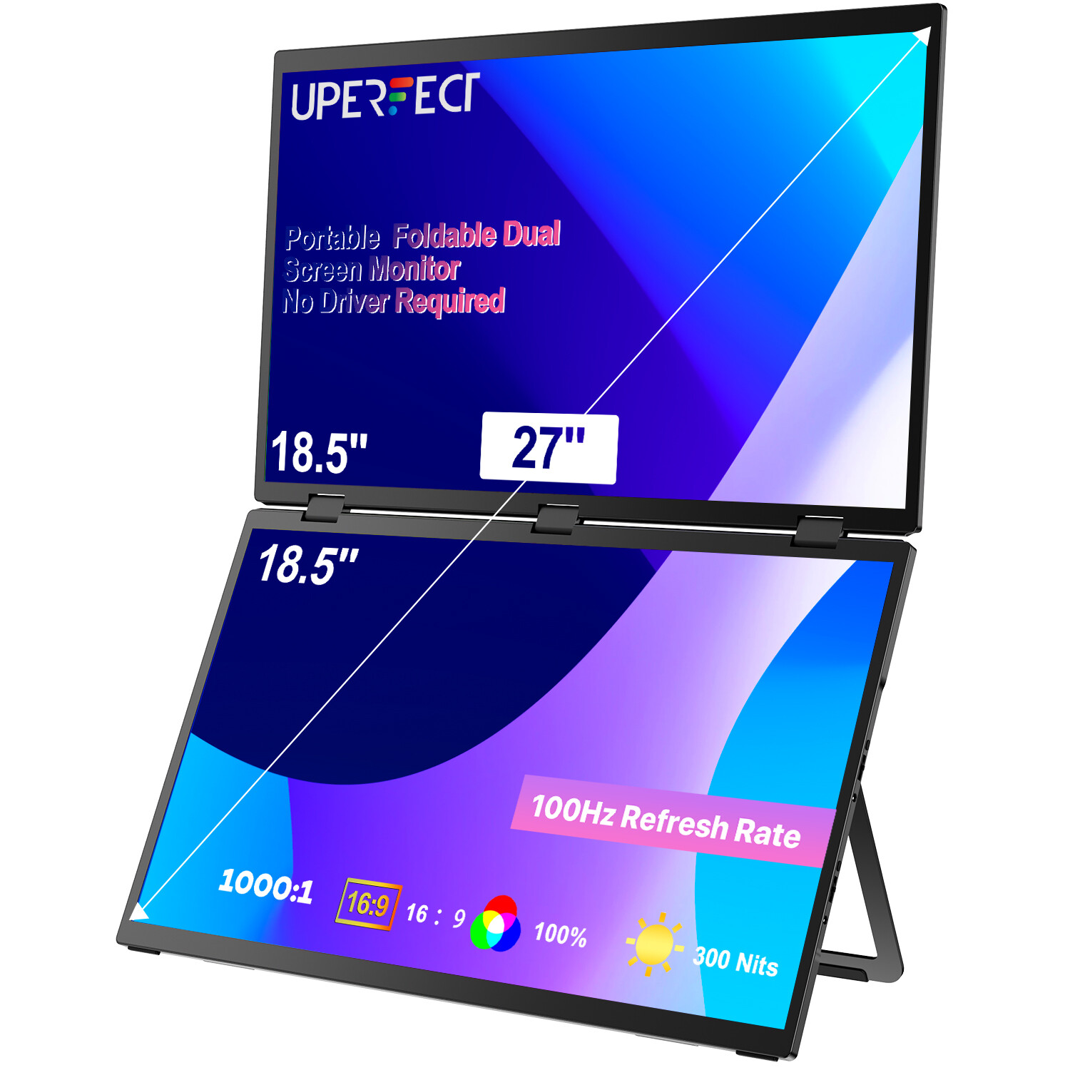 UPERFECT 18.5″ 100Hz Dual Monitor Portable Folding FHD Monitor Screen Extender