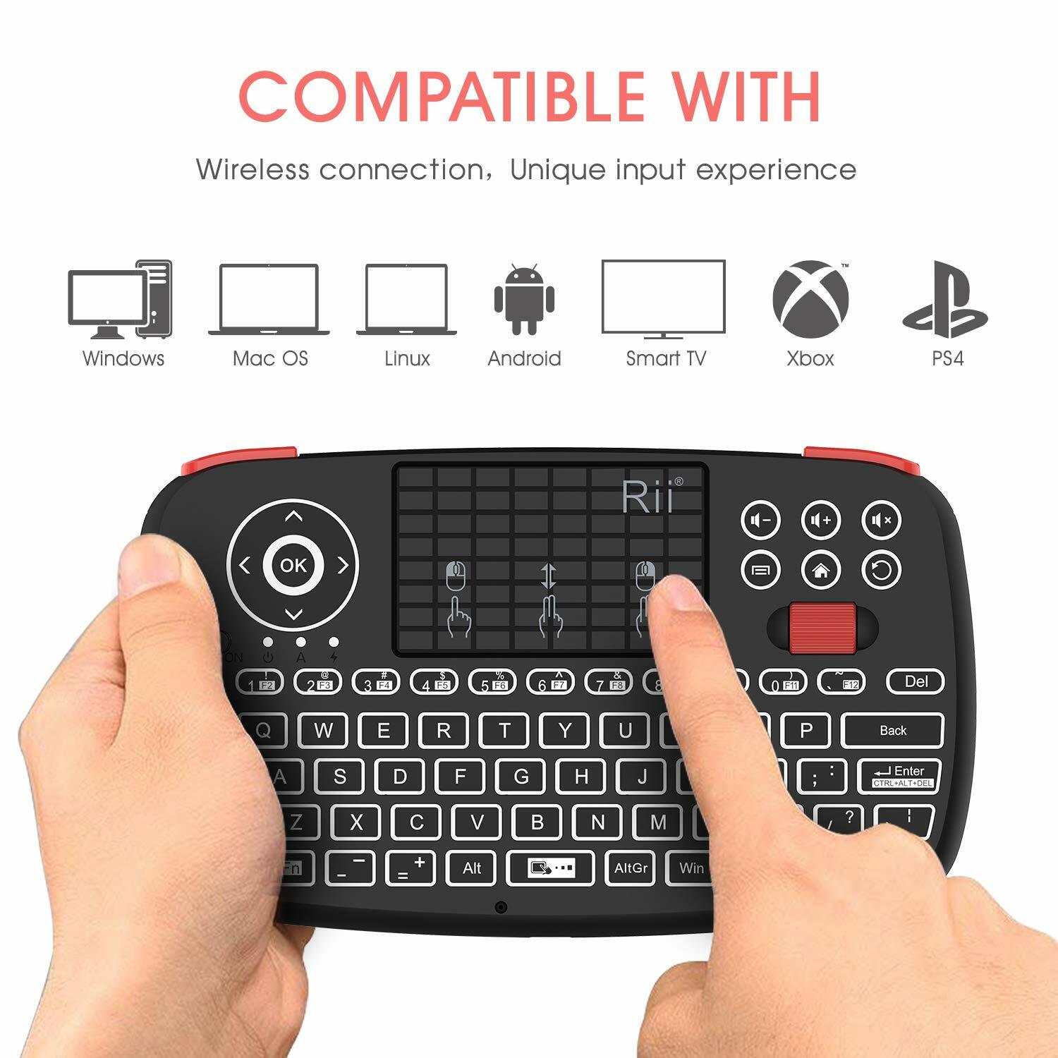 Rii i4 (Bluetooth + 2.4GHz) Blacklit Portable Mini Keyboard with Scroll wheel