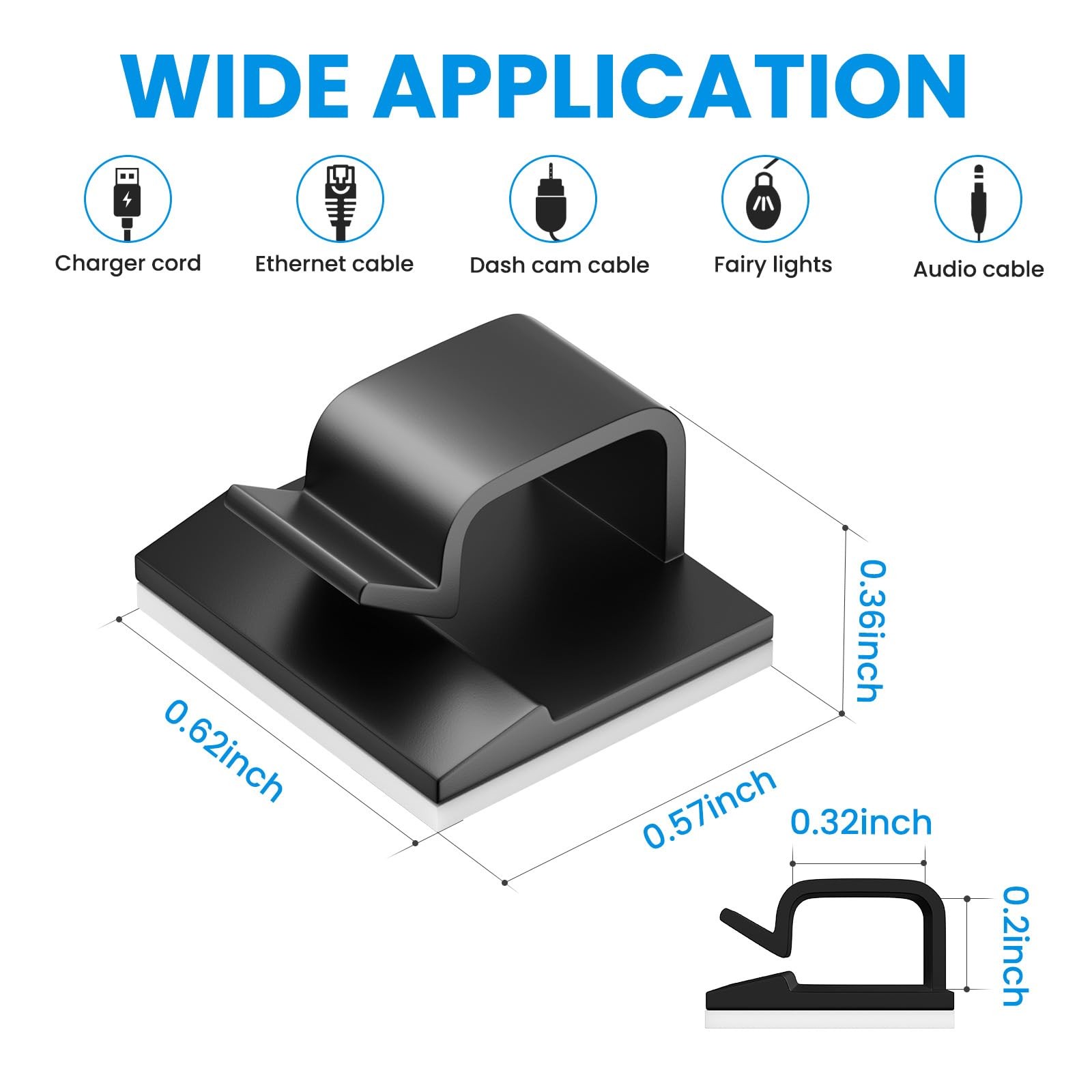 30 Black Cord Clips, Cable Management Under Desk For Phone Charger