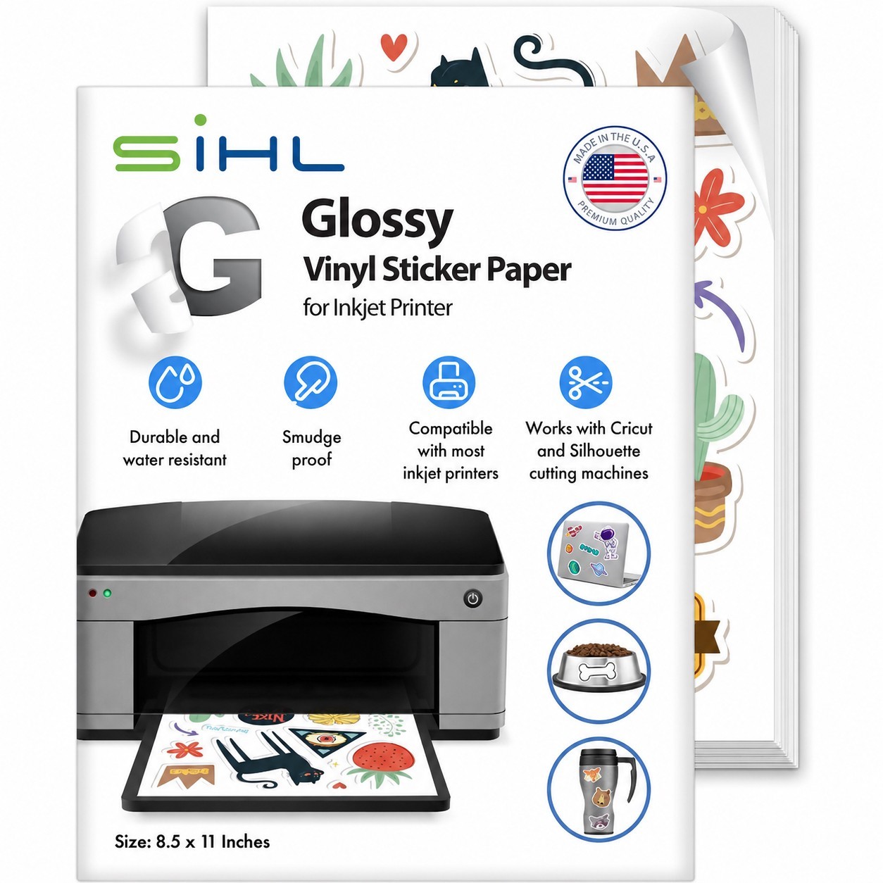 SIHL Premium Printable Glossy Vinyl Sticker Paper for Inkjet 75 Sheets 8.5″x11″