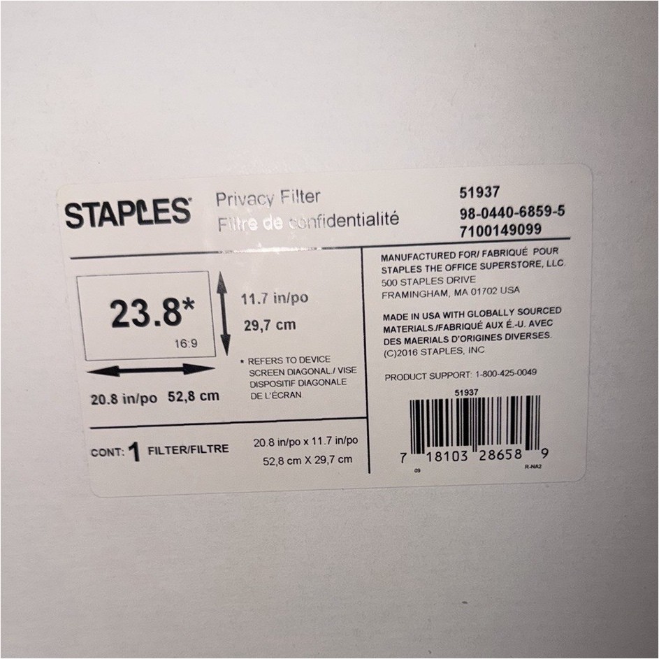 Staples Privacy Filter 23.8 in Universal 51937 20.8 x 11.7 in Screen Protector