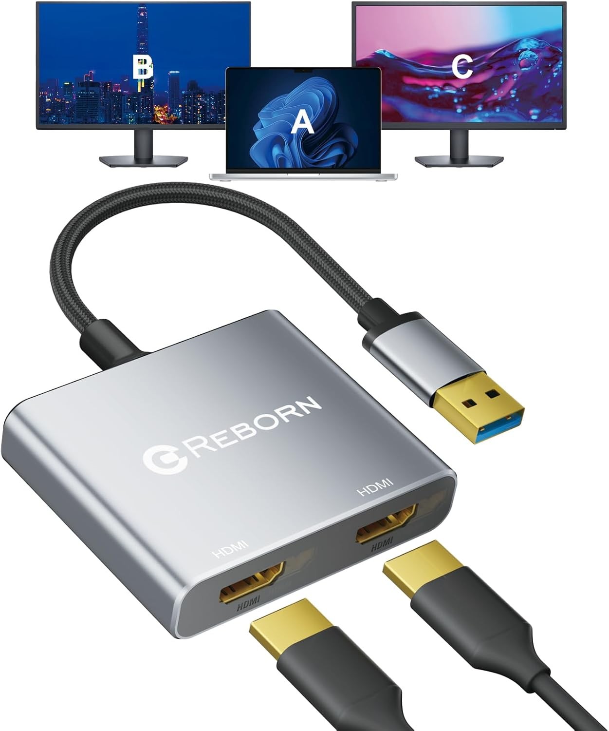 Reborn USB 3.0 to Dual HDMI Adapter 1080P 60Hz Windows Mac Multi Monitor
