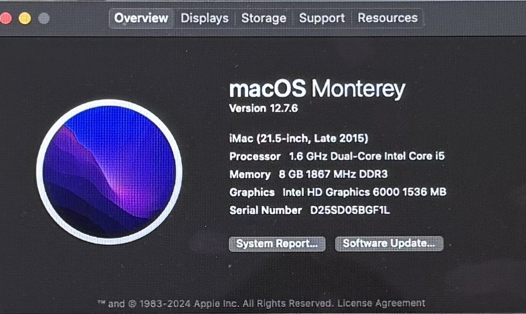 Apple macos monterey 8GB memory 1867 MHz DDR3 Intel HD Graphics 6000 1536 MB