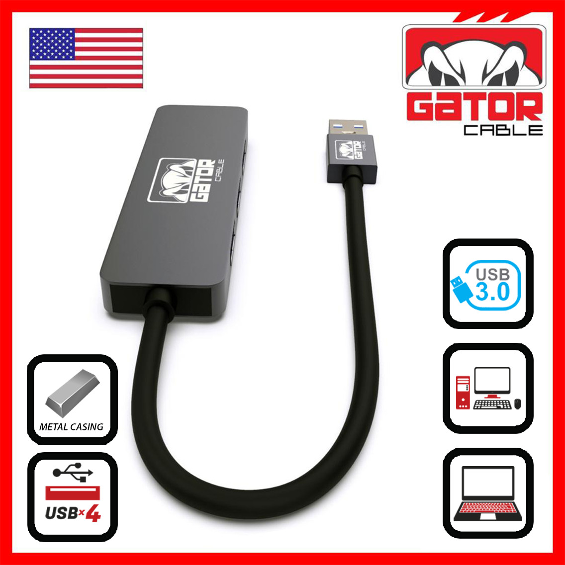 USB 3.0 Hub 4-Port Adapter Expansion Charger Data Sync For PC Mac Laptop Desktop