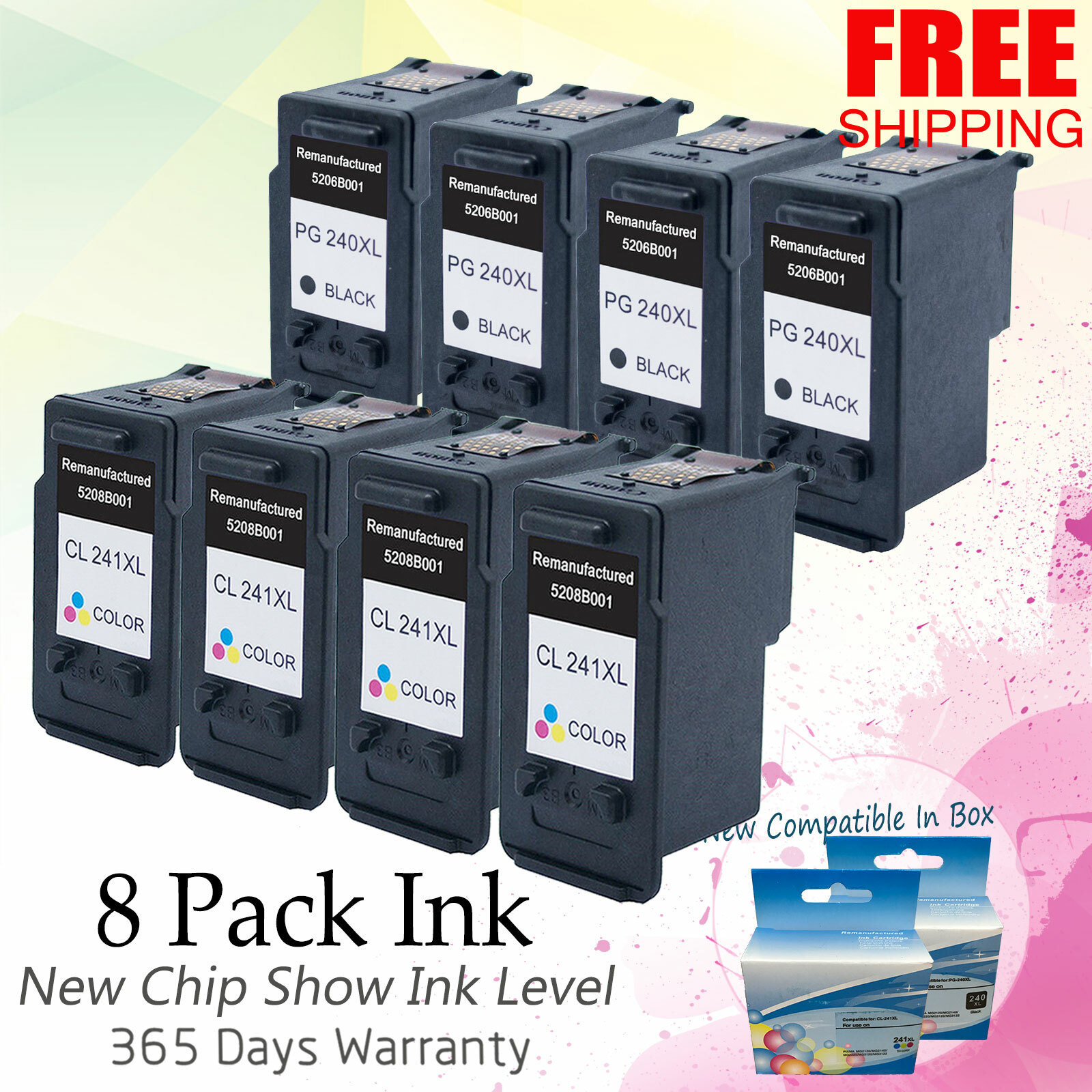 8 PK PG 240XL CL 241XL Ink Cartridge for Canon PIXMA MG3122 MG3220 MG4220 MG3520