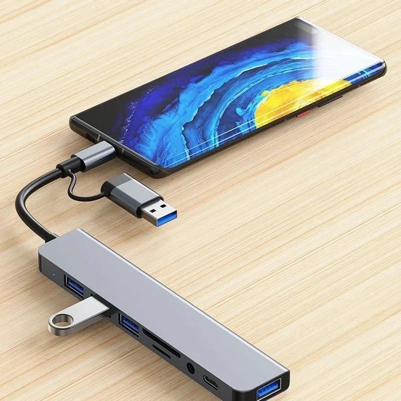 8-in-2 USB Type-C Hub Docking Station Audio Jack Micro SD Reader Adapter