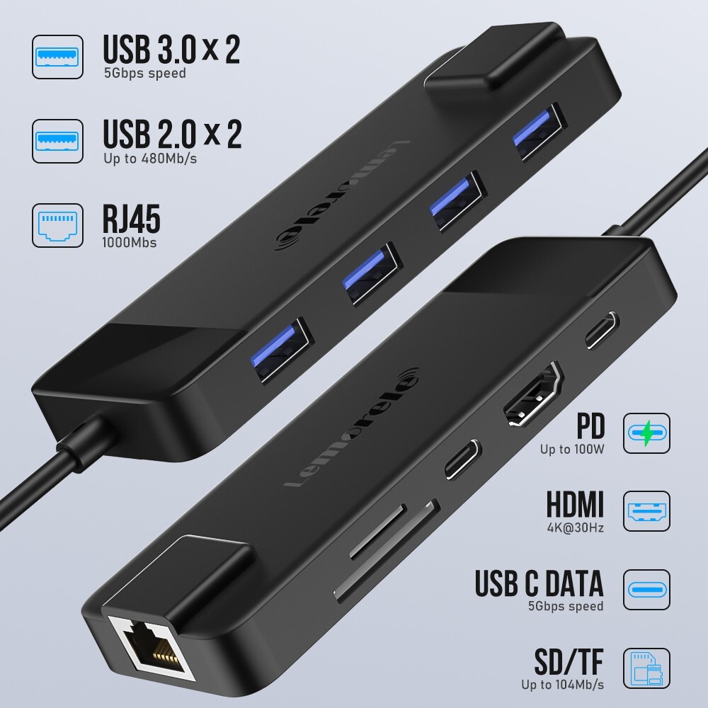 Lemorele Hub Adaptador Usb C,4k Hdmi3.0 USB-A Rj45,tp-c100w, suitable for laptop