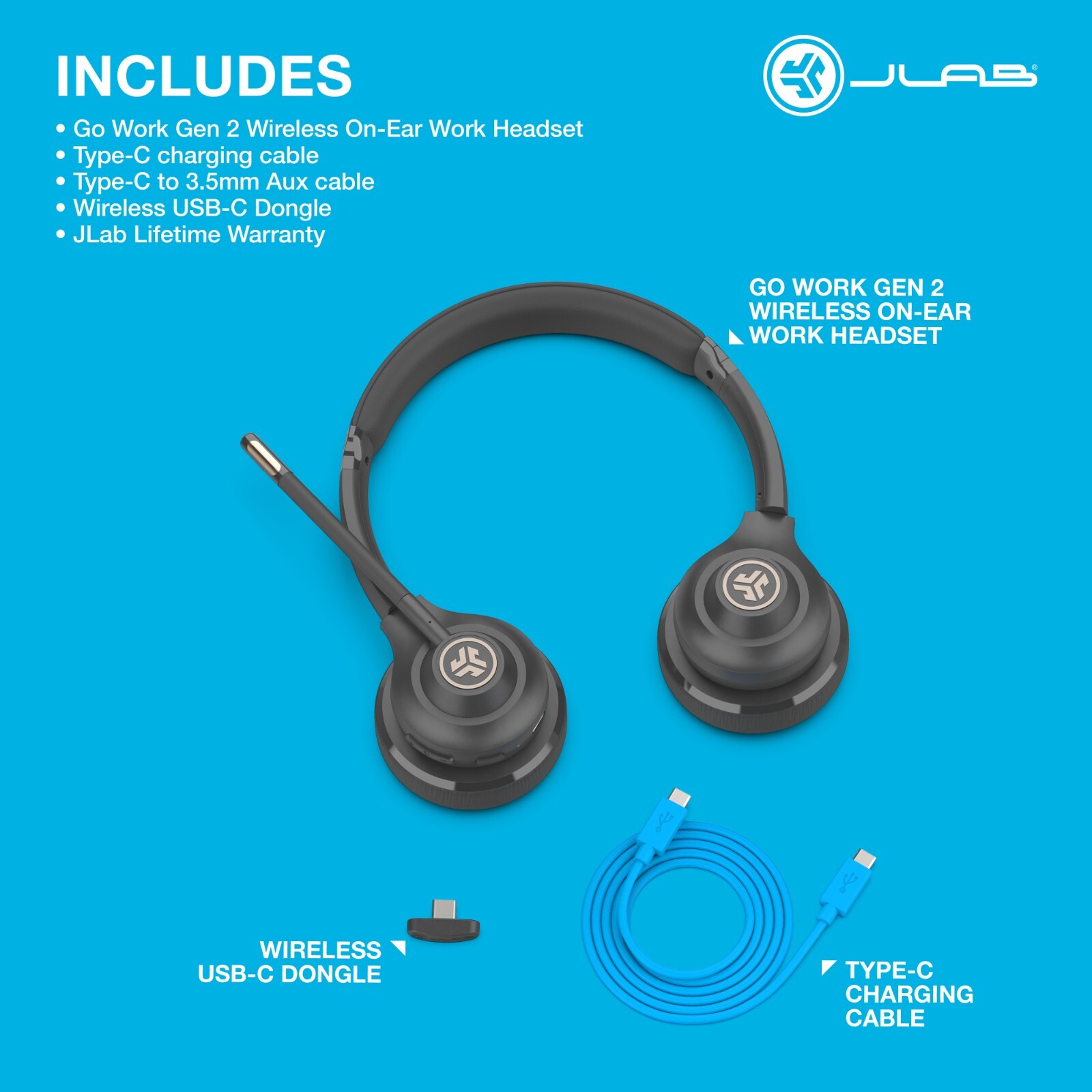 JLab GO Work Wireless On-Ear Headset Gen 2, Boom Mic, Bluetooth & Wired,