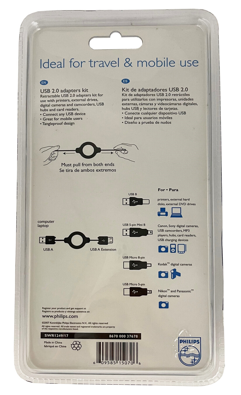 Philips Retractable USB Extension 3.2ft, USB A male/female + 4 USB Adapter Plugs