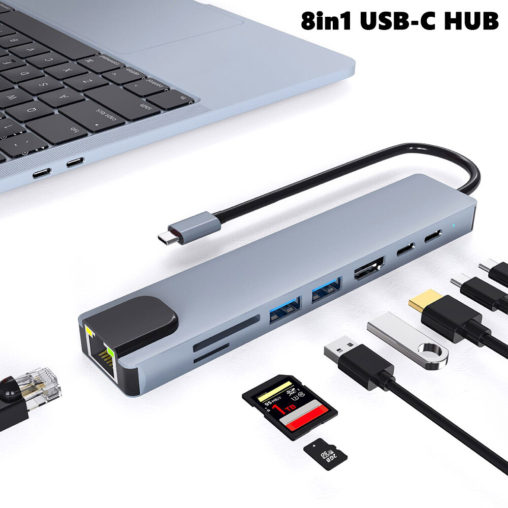 8-in-1 USB-C 4K HDMI Hub/Adapter 100W Laptop Power HDMI/RJ45 Ethernet/PD Charger