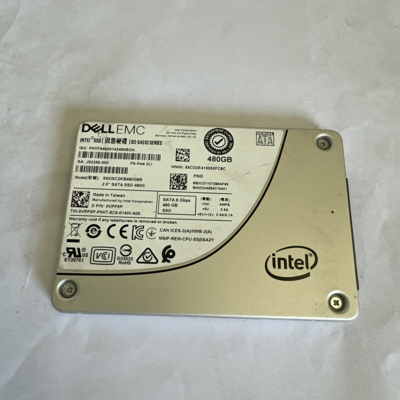 Dell 480GB 6Gbps Read Intensive 2.5” SATA SSD SSDSC2KB480G8R Dell P/N: 0VPP5P