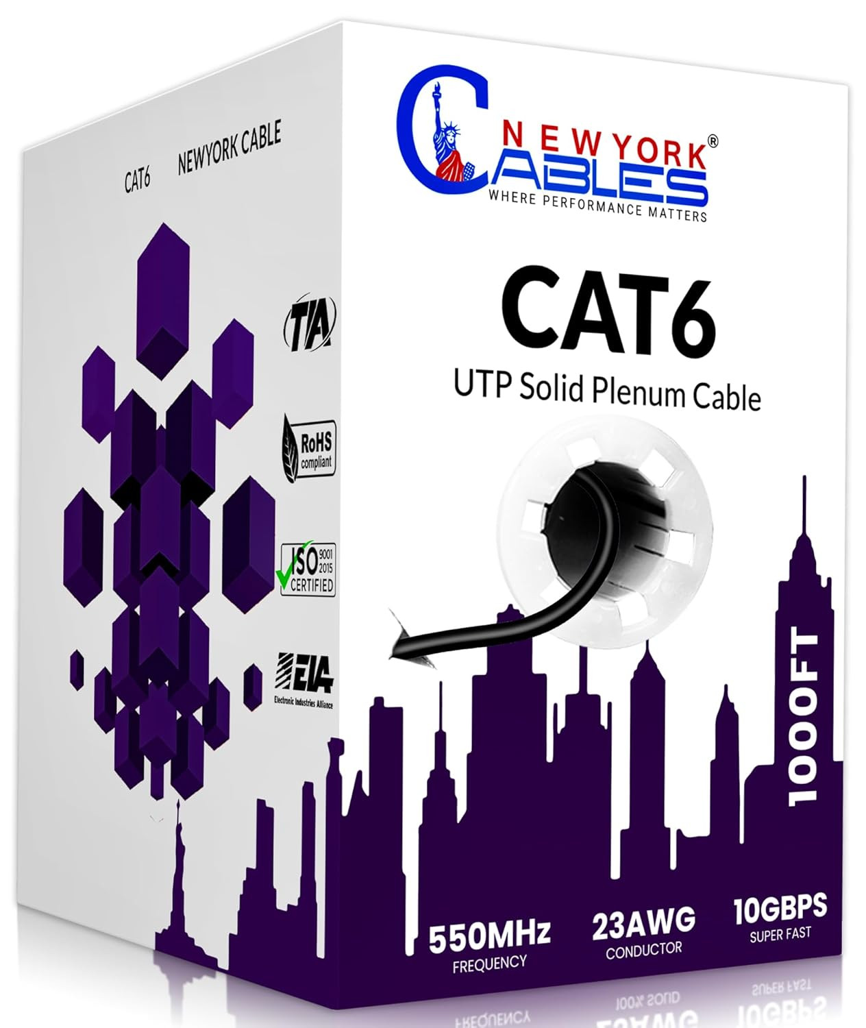Newyork Cables | CAT6 Plenum Cable 1000Ft | 23AWG, UTP 4Pairs, 550Mhz 10Gbps Mos