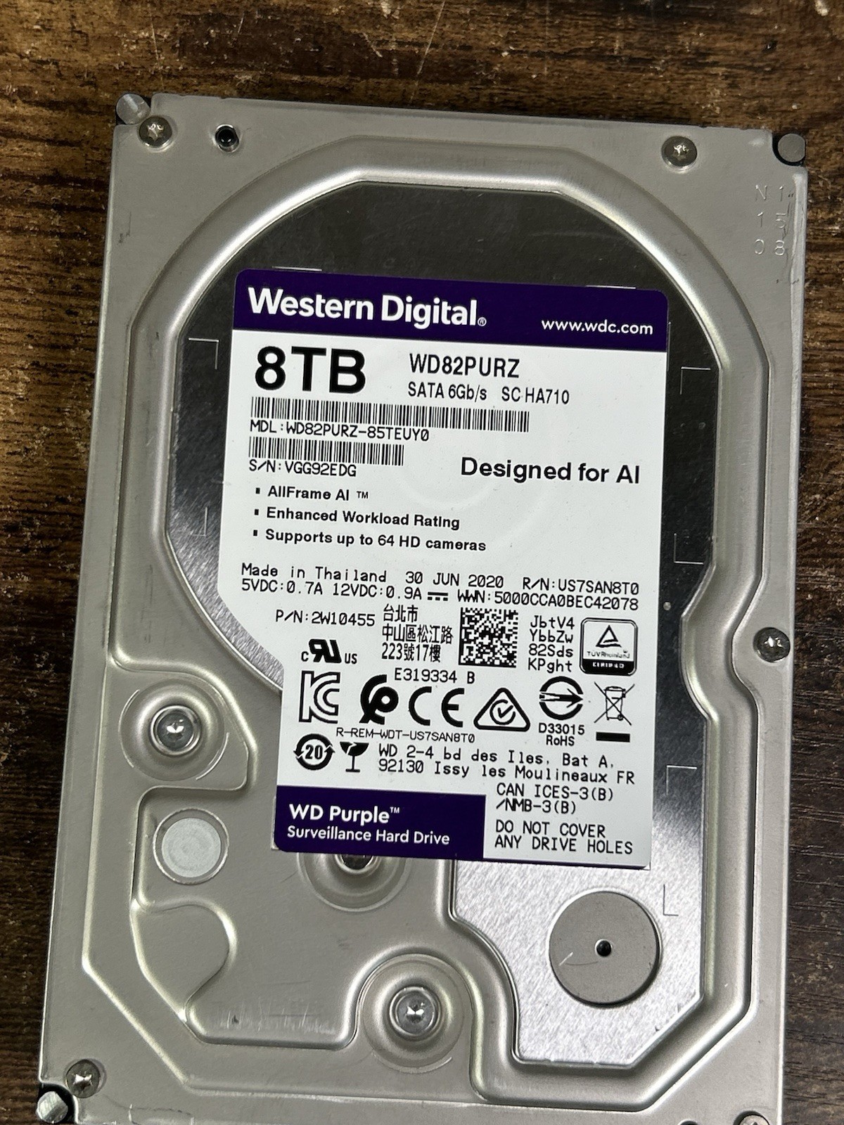 Western Digital Purple 8TB Internal Desktop Surveillance Hard Drive (WD82PURZ)