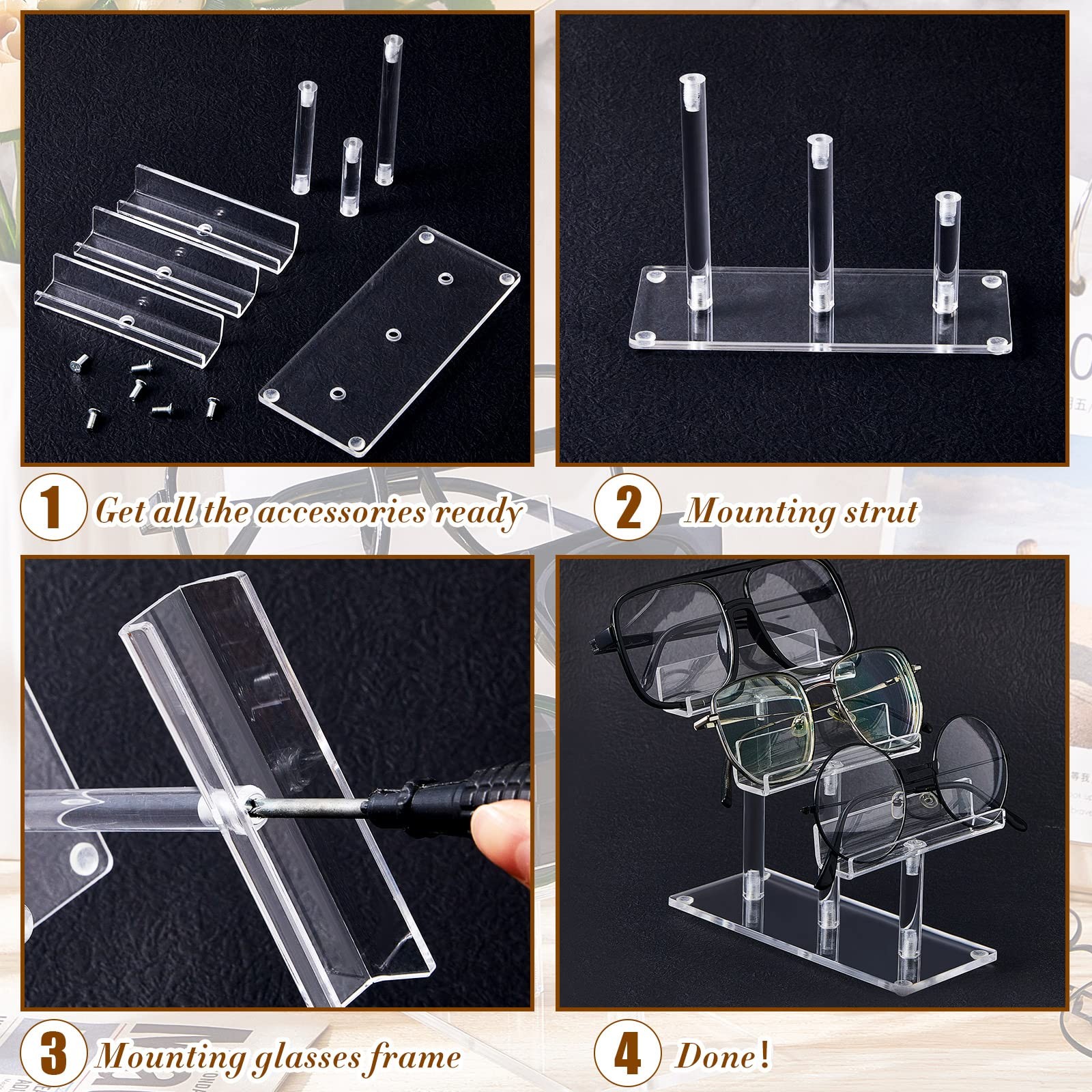 Sintuff 4 Pcs 3 Tier Acrylic Sunglasses Rack, Eyeglasses Stand, Clear