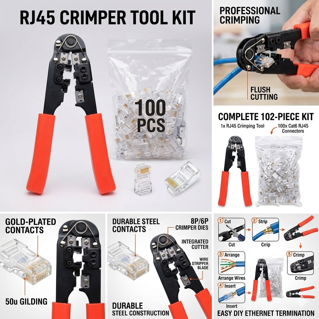 RJ45 Crimper Tool Kit with 100 RJ45 Connectors 8P8C Ethernet Cable Crimp Tool
