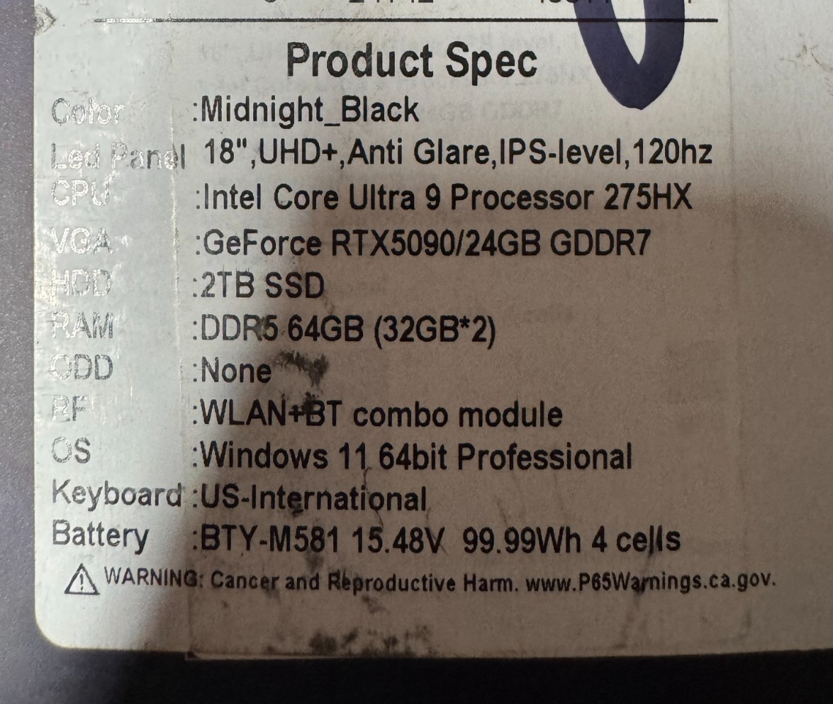 MSI Stealth 18 in GeForce RTX 5090 GPU Core Ultra 9 275HX 64GB RAM 2TB SSD W11