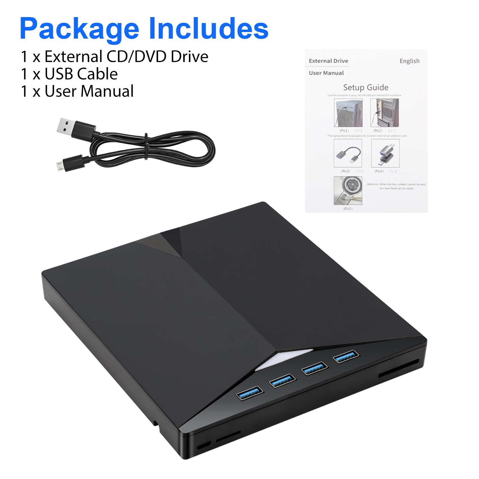 FOR PC Laptop Windows 11 10 External CD DVD Drive USB 3.0 Writer Burner Player