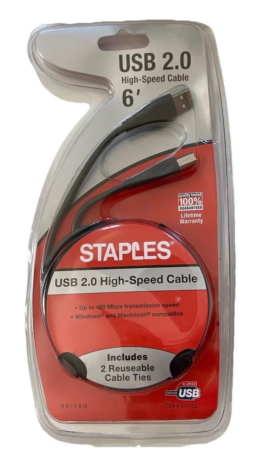 USB 2.0 High Speed Cable 6′ 24K Gold -plated Contacts Staples #577153 BRAND NEW